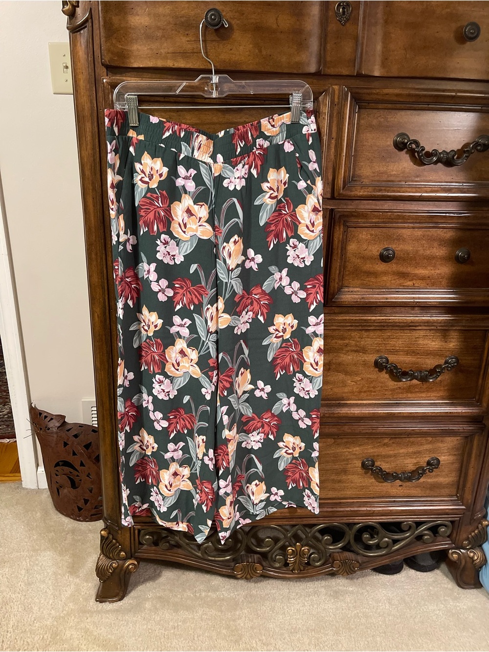 LOFT Floral Wide-Leg Pull-On Pants - Green Multicolor